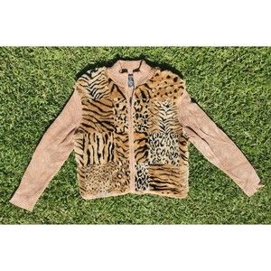 A.D. Originals Faux Leopard Fur, Knit, Tan Acrylic Womens Zipper Sweater Size XL